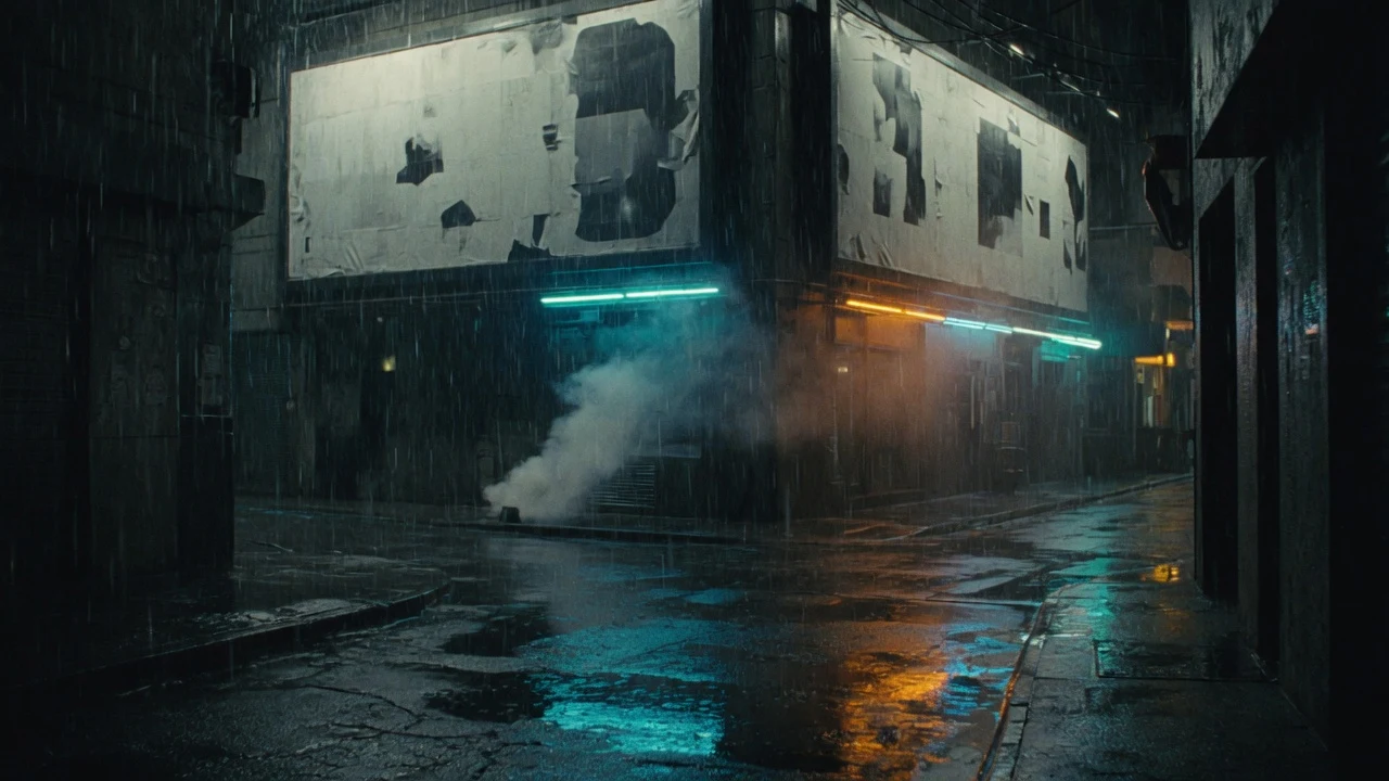 雨の未来都市の路地で無言の看板とネオンの影が壁に落ちる映画的な夜景