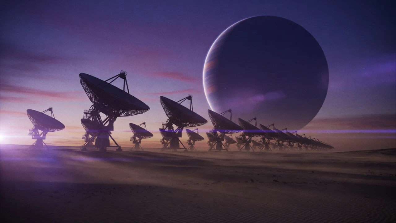 暗い紫の砂漠の地平線に巨大アンテナ群が並び遠くの惑星へ信号を送る映画的なSF風景